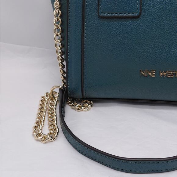 Nine West Women Mini Satchel Crossbody Handbag Teal Green Gold Chain Strap Purse - Picture 4 of 10